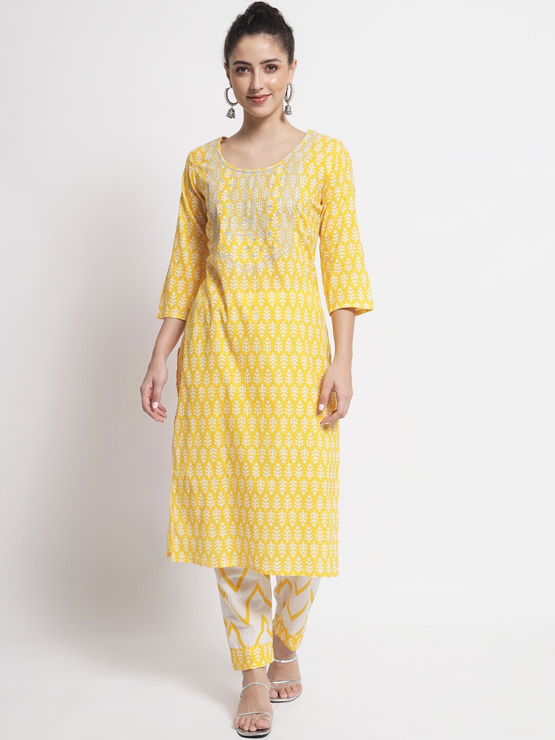 

BARKHA FAB Women Yellow Floral Embroidered Straight Pure Cotton Kurta with Trousers