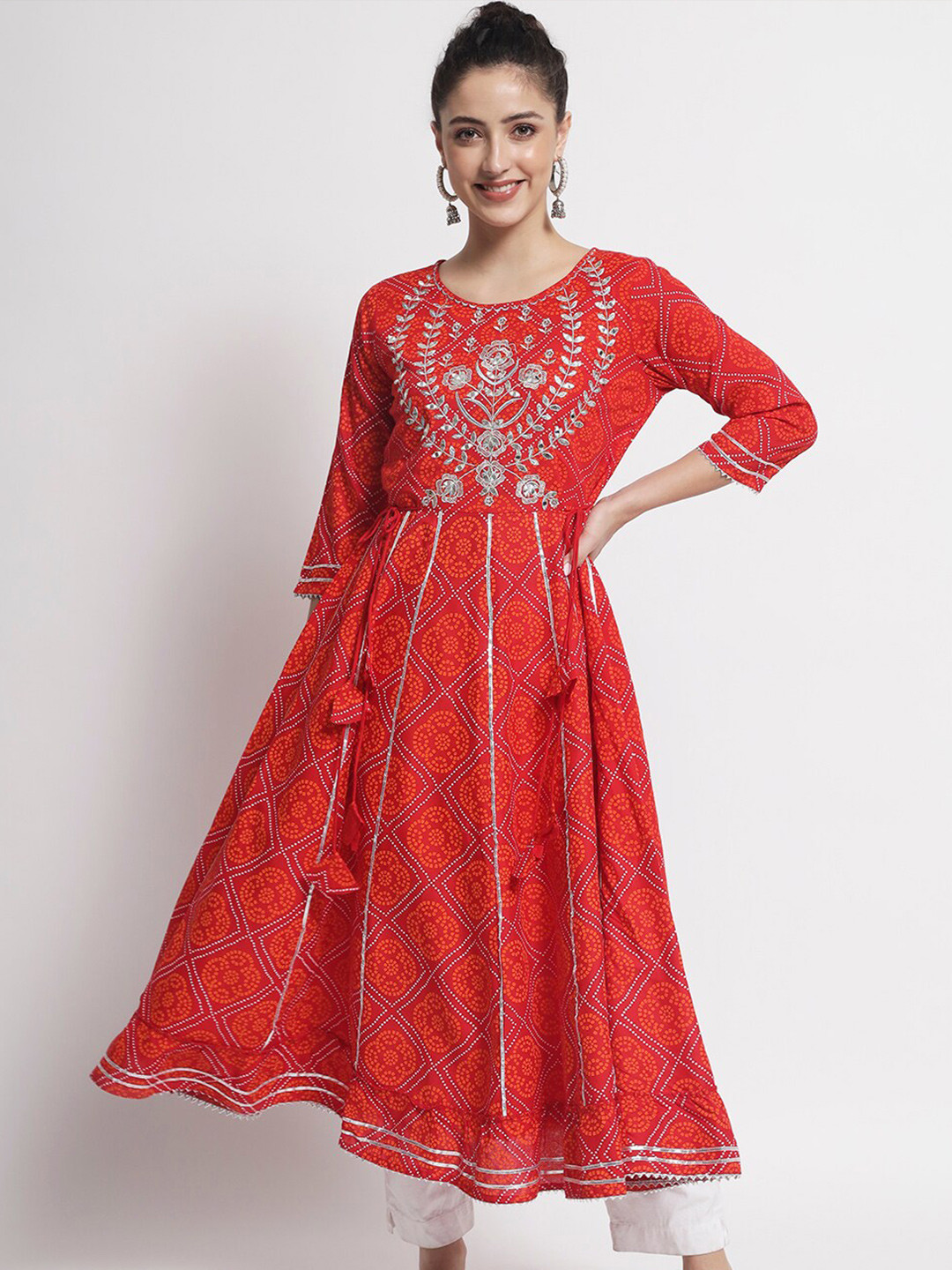 

BARKHA FAB Women Red Ethnic Motifs Embroidered Gotta Patti Anarkali Kurta