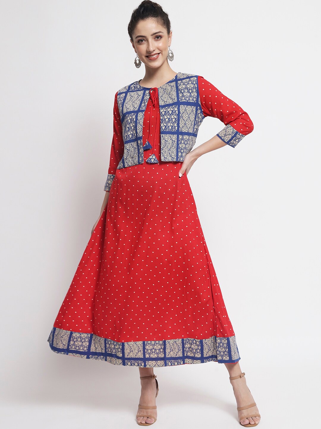 

BARKHA FAB Women Red & Blue Ethnic Motifs Ethnic A-Line Midi Dress