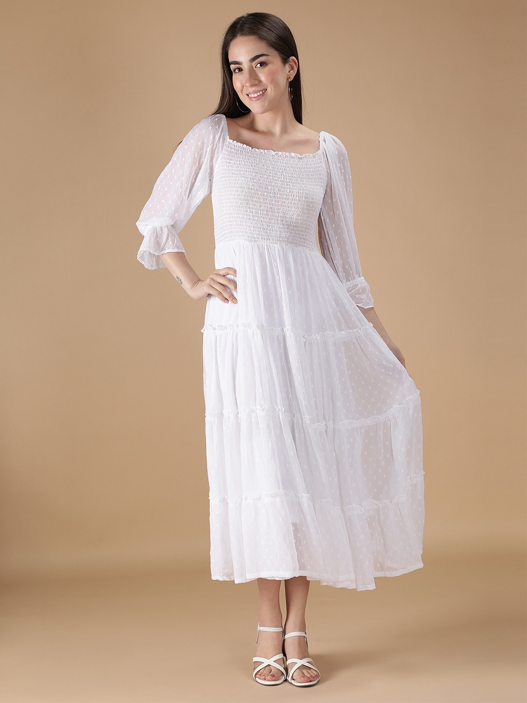 

DESI WOMANIYA Women White Chiffon Smocked Tiered Midi Dress