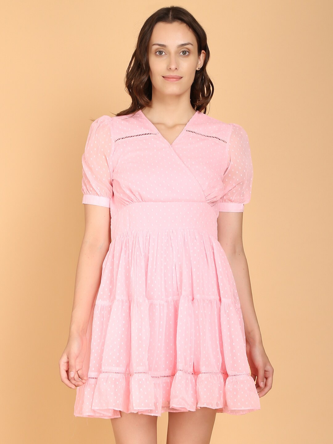 

DESI WOMANIYA Women Pink Self Design Puff Sleeves Fit & Flare Dress