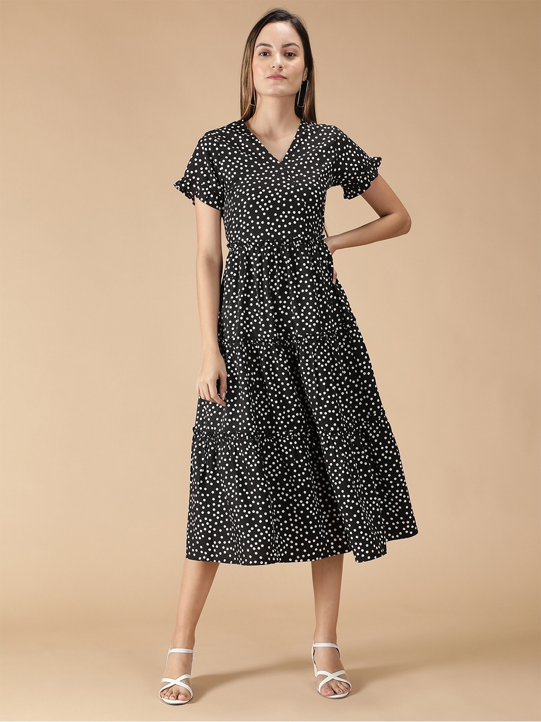 

DESI WOMANIYA Black & White Printed Crepe Midi Dress