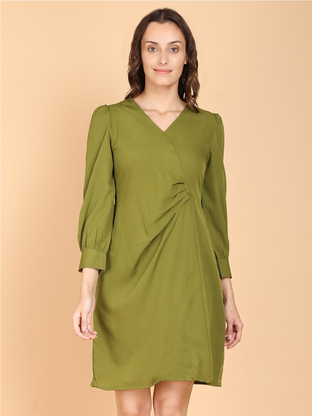 

DESI WOMANIYA Olive Green Solid Crepe A-Line Dress