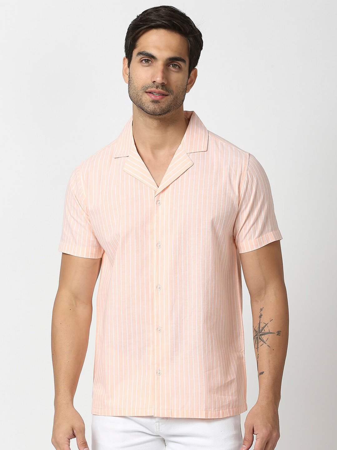 

MOD ECRU Men Peach-Coloured Striped Cuban Collar Pure cotton Casual Shirt