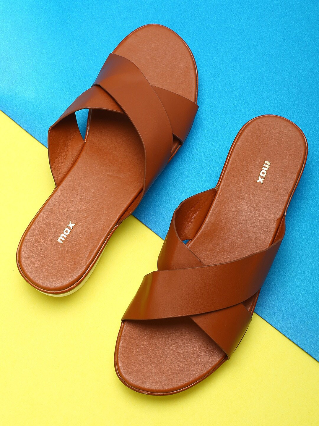 

max Women Tan PU Flatform Sandals