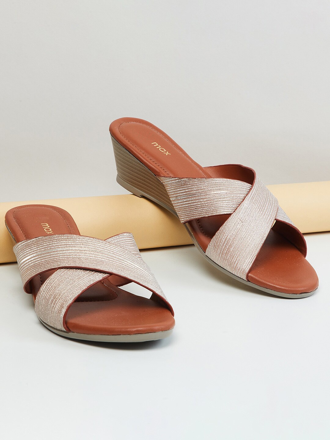 

max Brown & Rose Gold PU Wedge Peep Toes