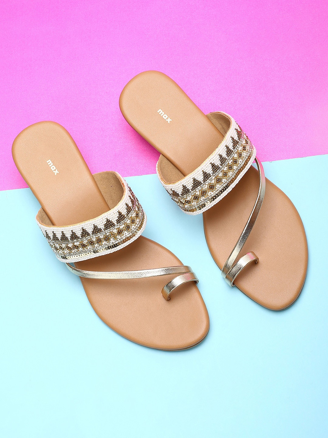 

max Women Cream-Coloured & Gold-Toned Printed PU Ethnic Block Heels
