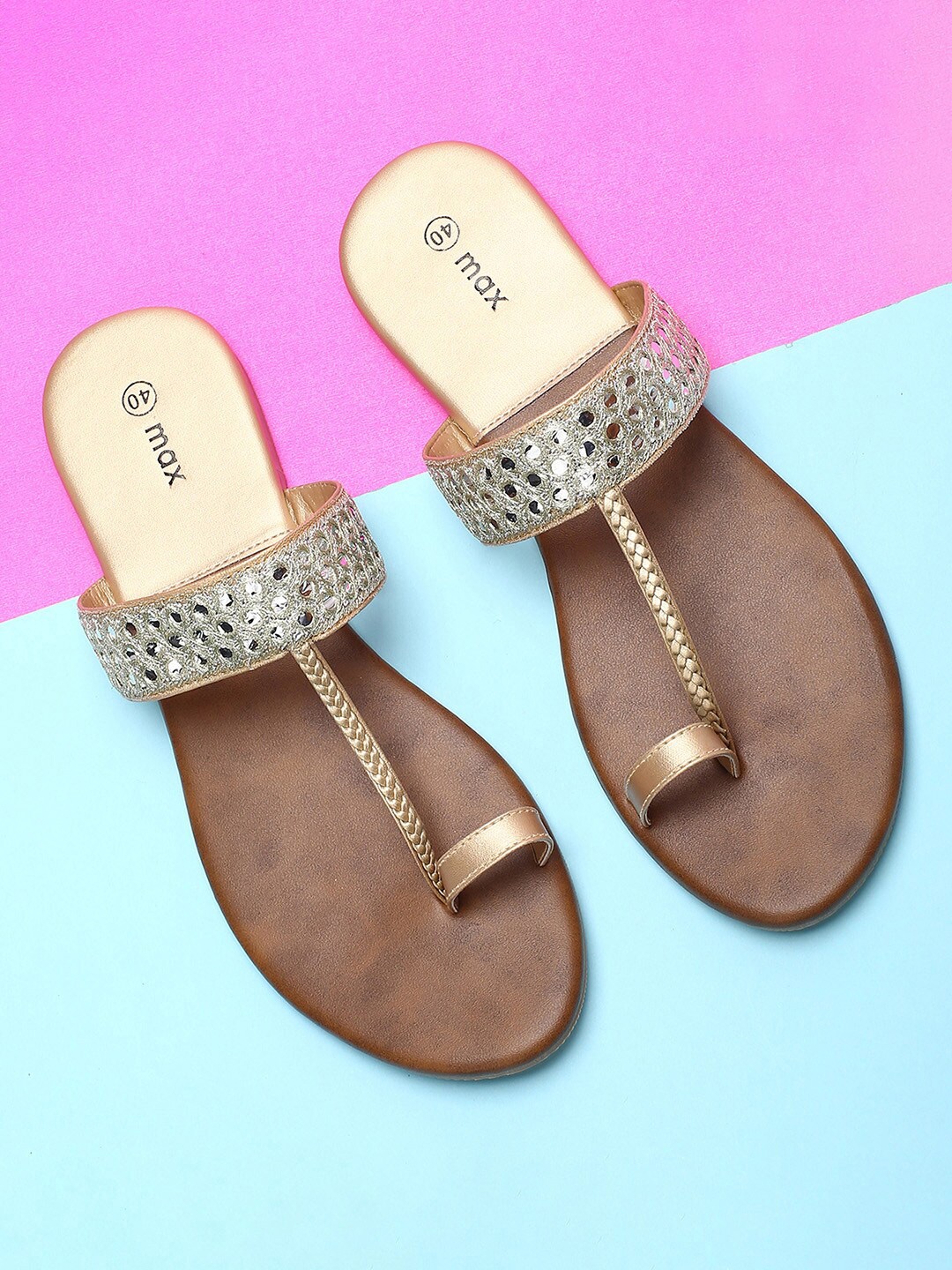 

max Women Mirror Work Embellished Ethnic One Toe Flats, Gold