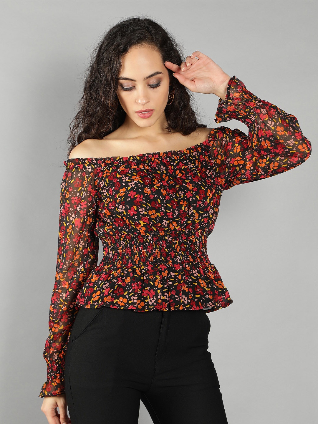 

DEBONATELLA Black & Red Floral Print Off-Shoulder Bohemian Crepe Bardot Top