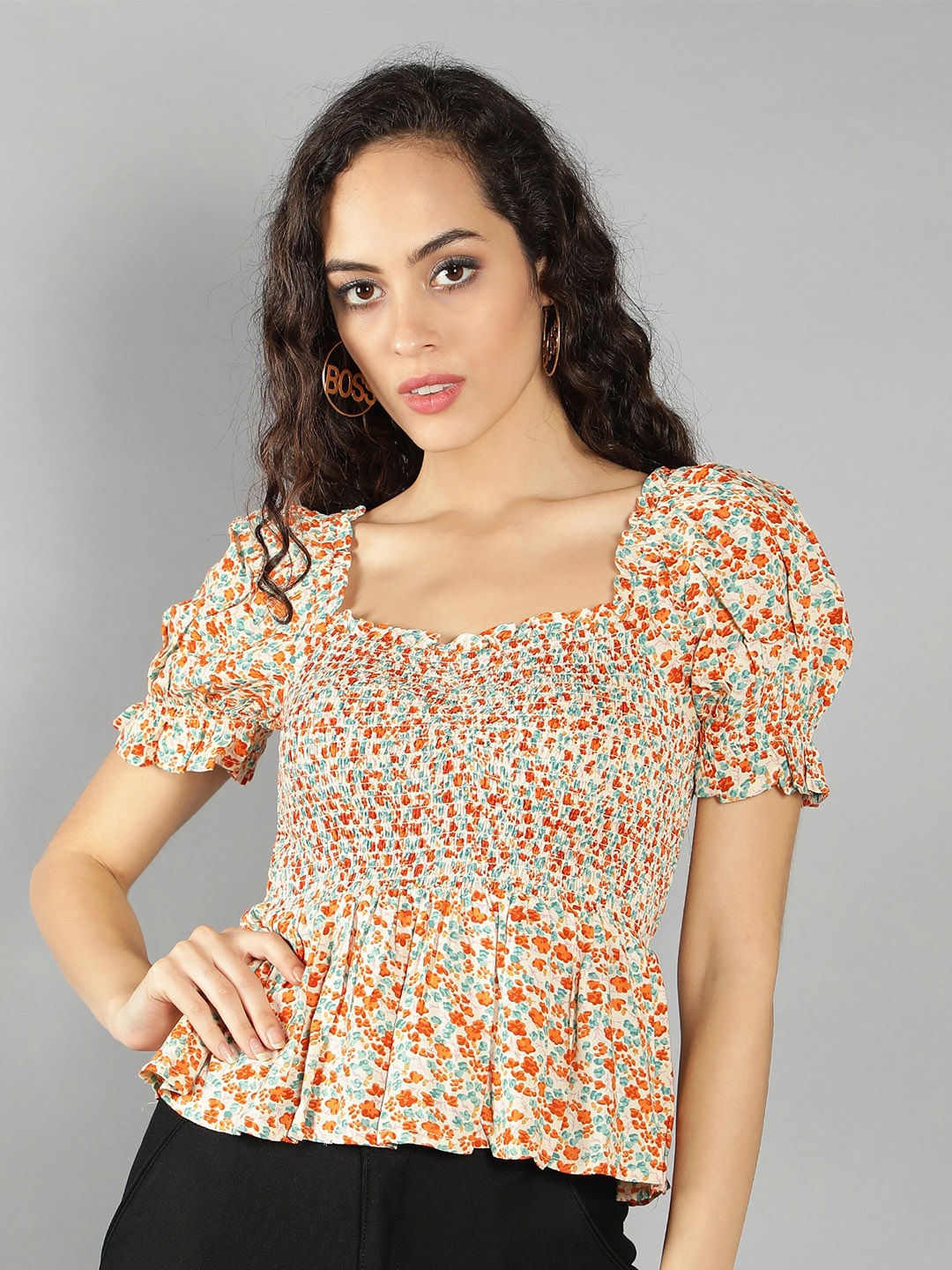 

DEBONATELLA Women Orange Floral Print Crepe Top