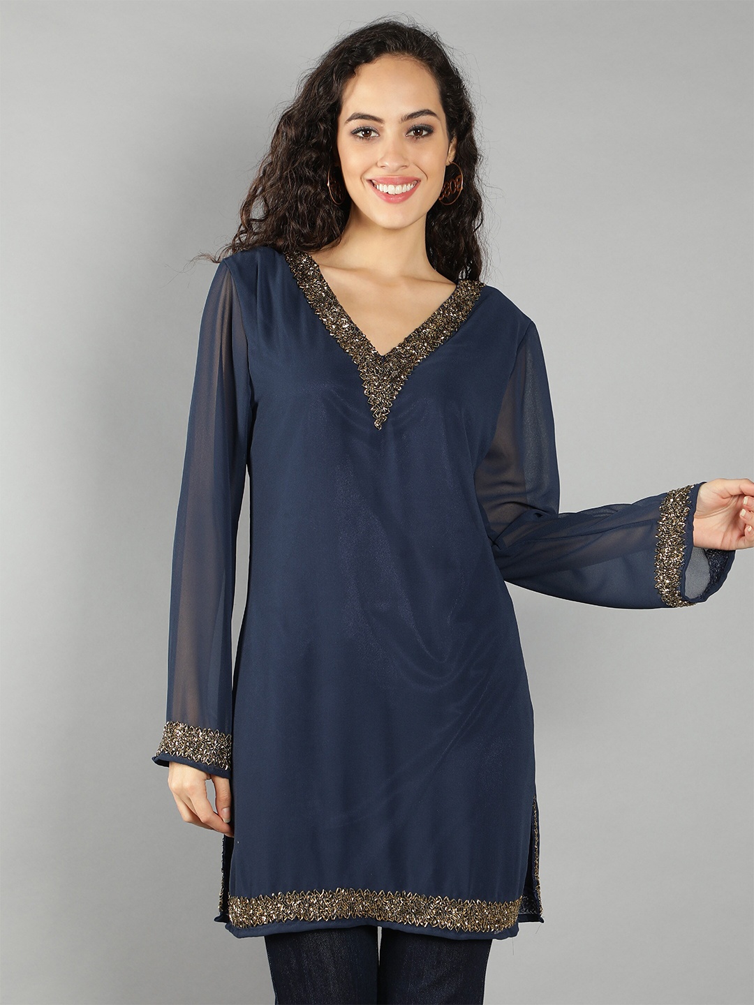 

DEBONATELLA Women Navy Blue & Gold-Toned Georgette Longline Top