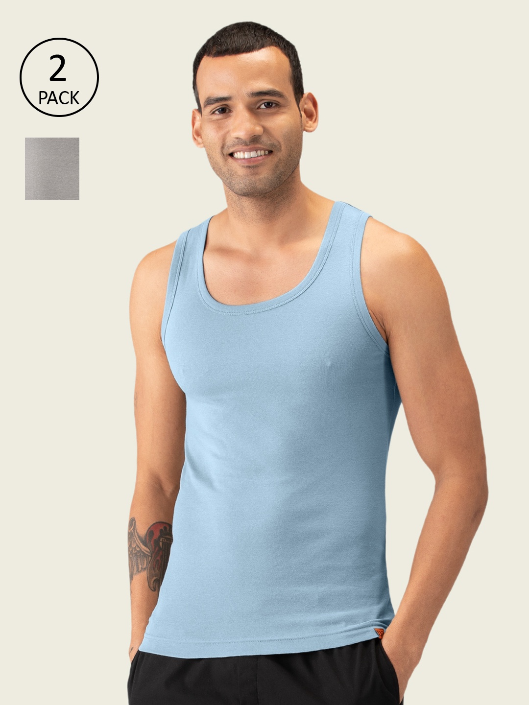 

DaMENSCH Men Pack of 2 Neo-Cotton Ribbed Round Neck Innerwear Vest, Blue
