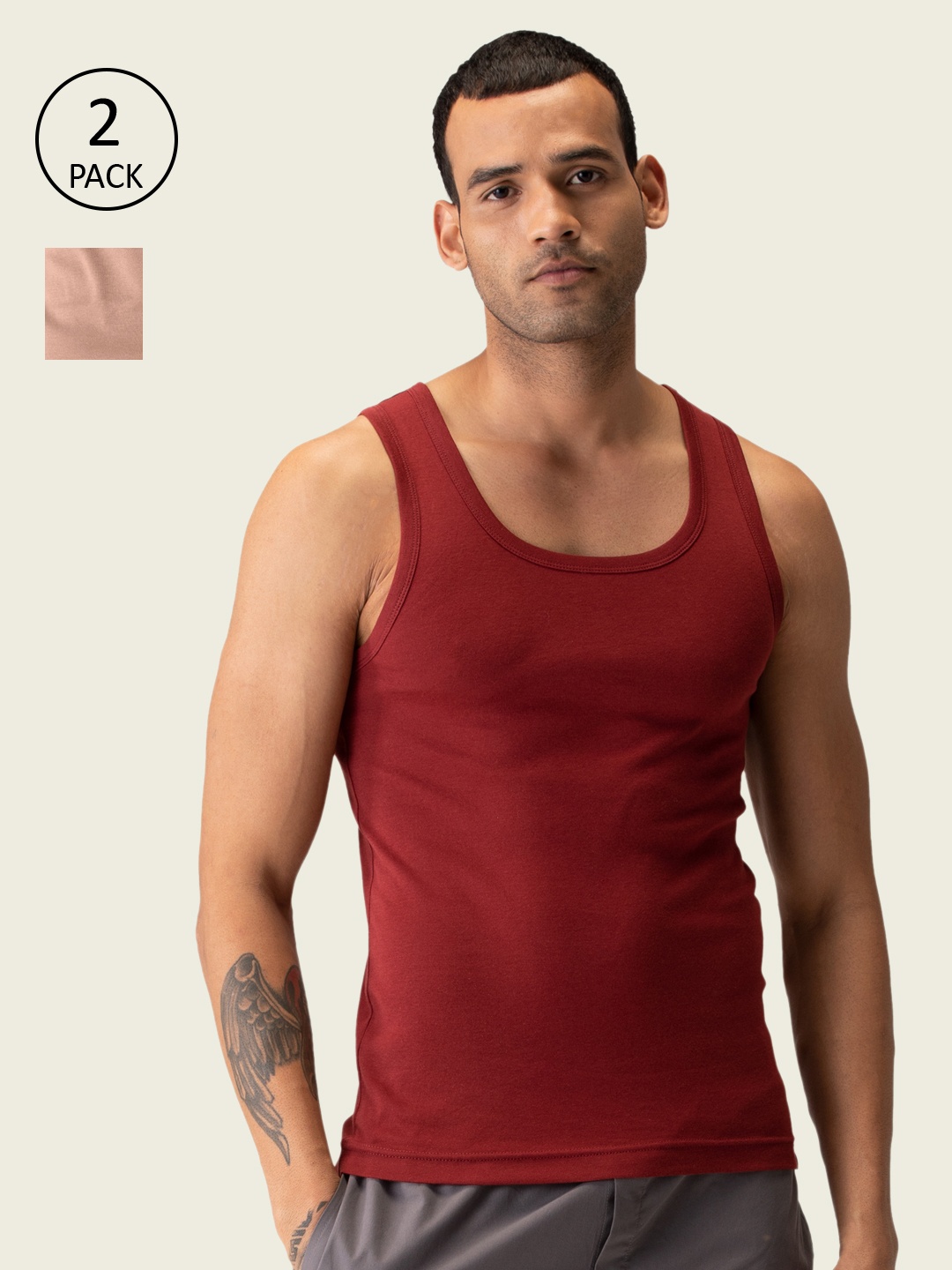 

DaMENSCH Men Pack of 2 NEO-Cotton Ribbed Round Neck Innerwear Vest, Red