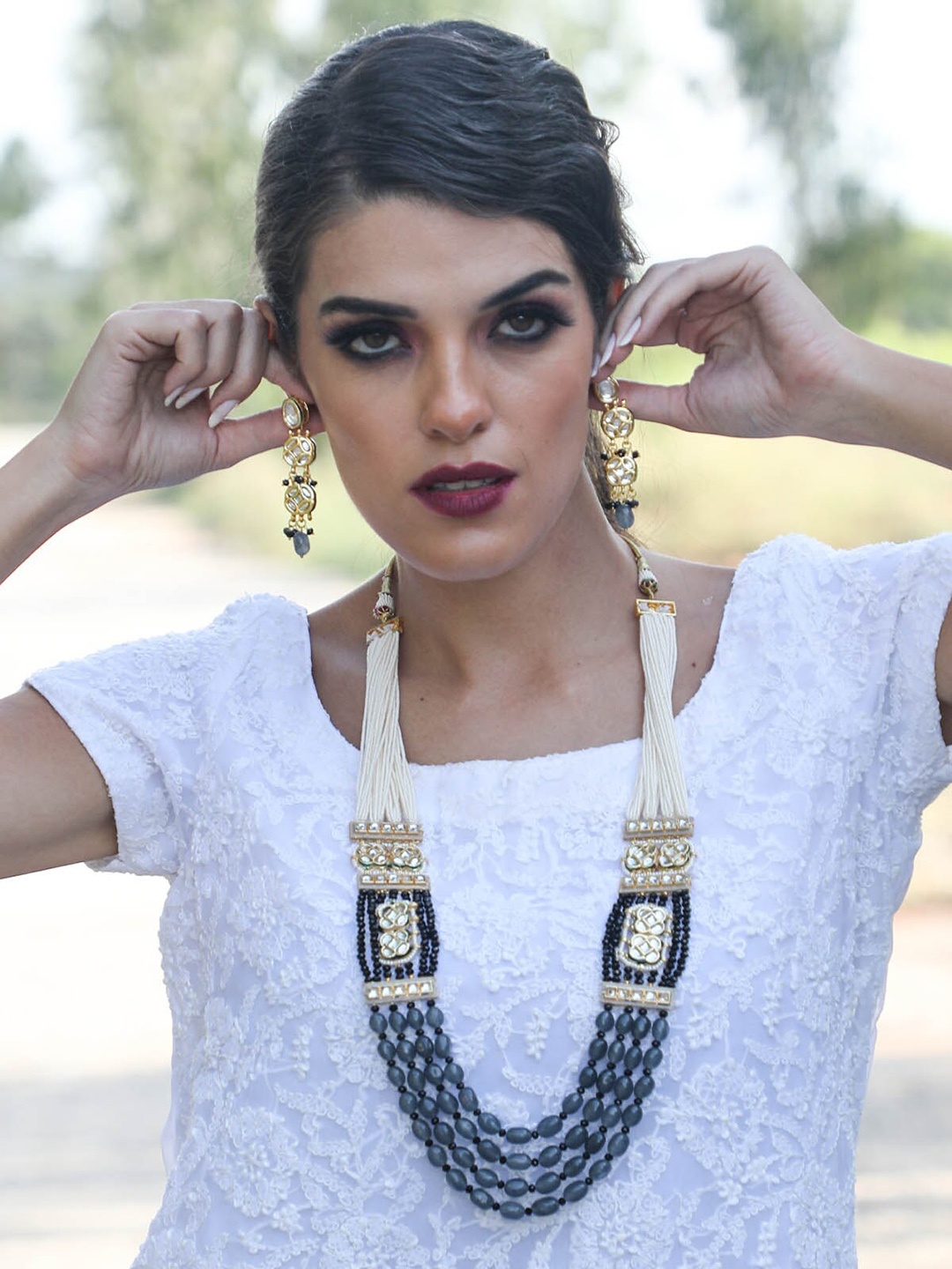

ODETTE Gold-Plated Black & Grey Stone-Studded & Beaded Jewellery Set