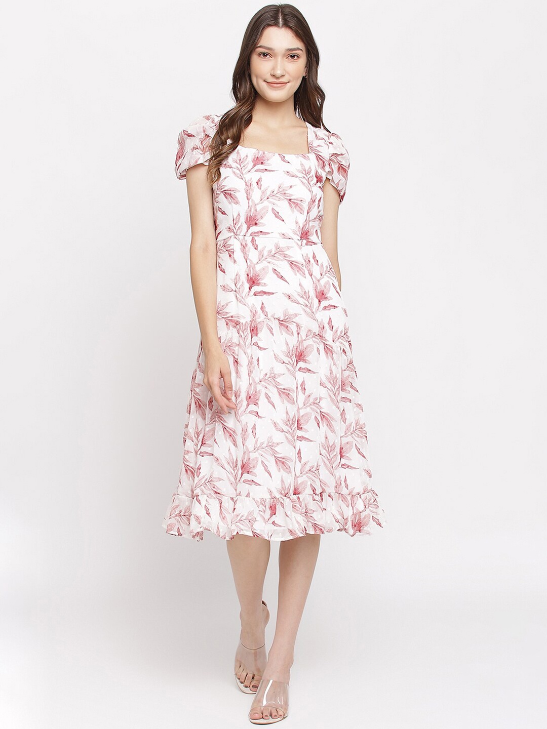 

Latin Quarters White & Pink Floral Printed Square Neck A-Line Midi Dress