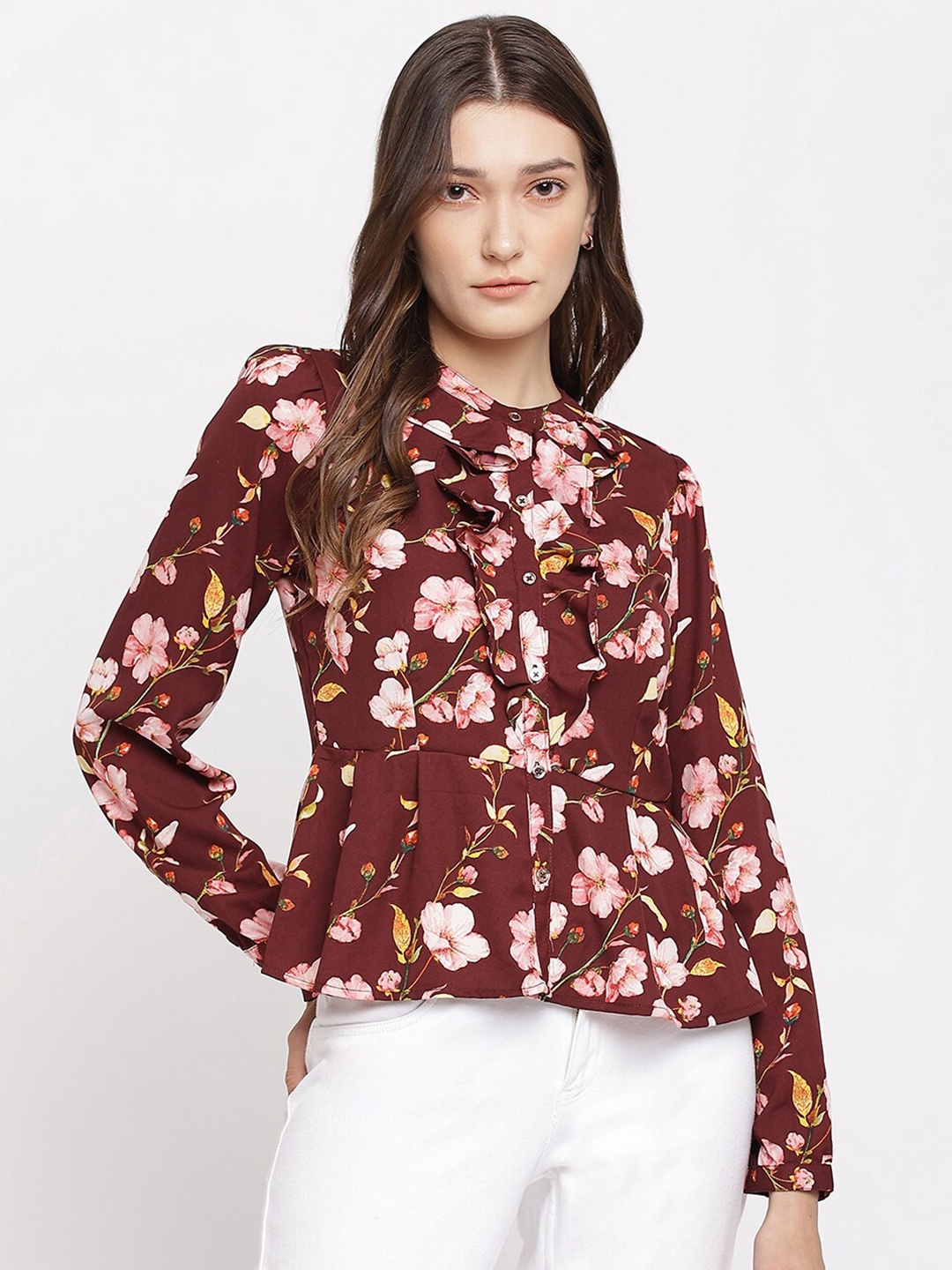 

Latin Quarters Women Maroon & Pink Floral Printed Mandarin Collar Peplum Top