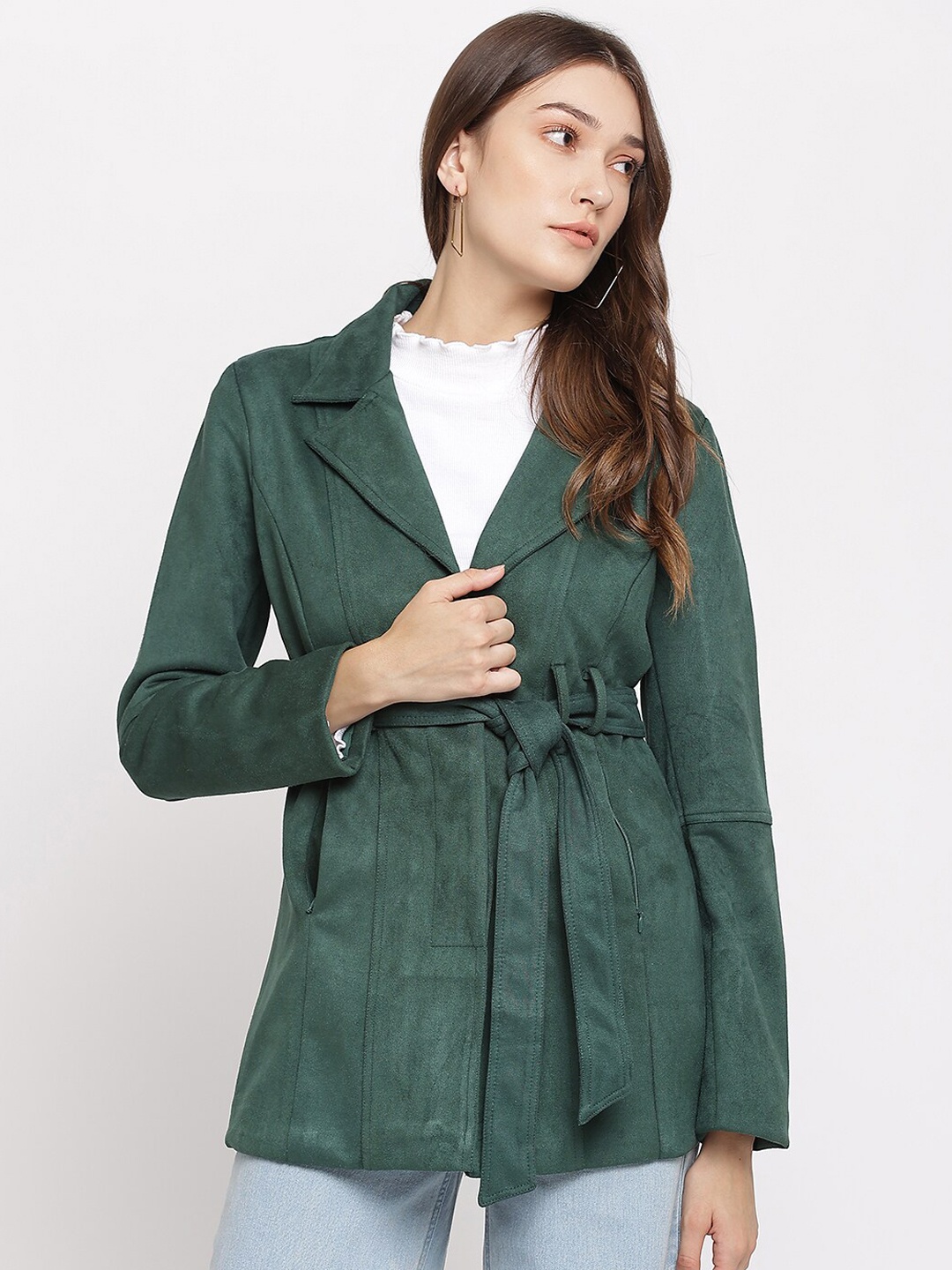 

Latin Quarters Women Green Solid Over Coat With Belt