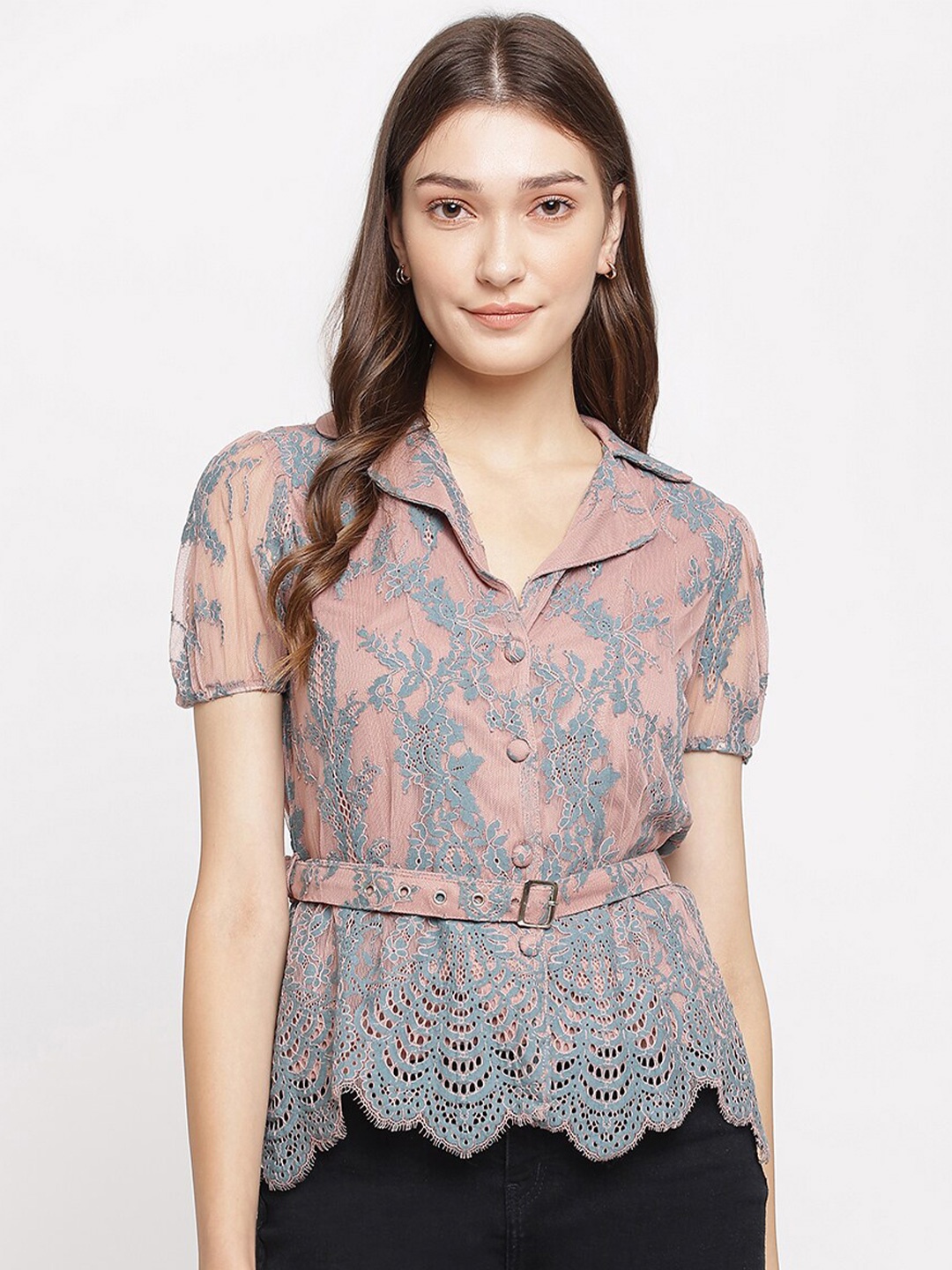 

Latin Quarters Women Green Floral Print Shirt Style Top
