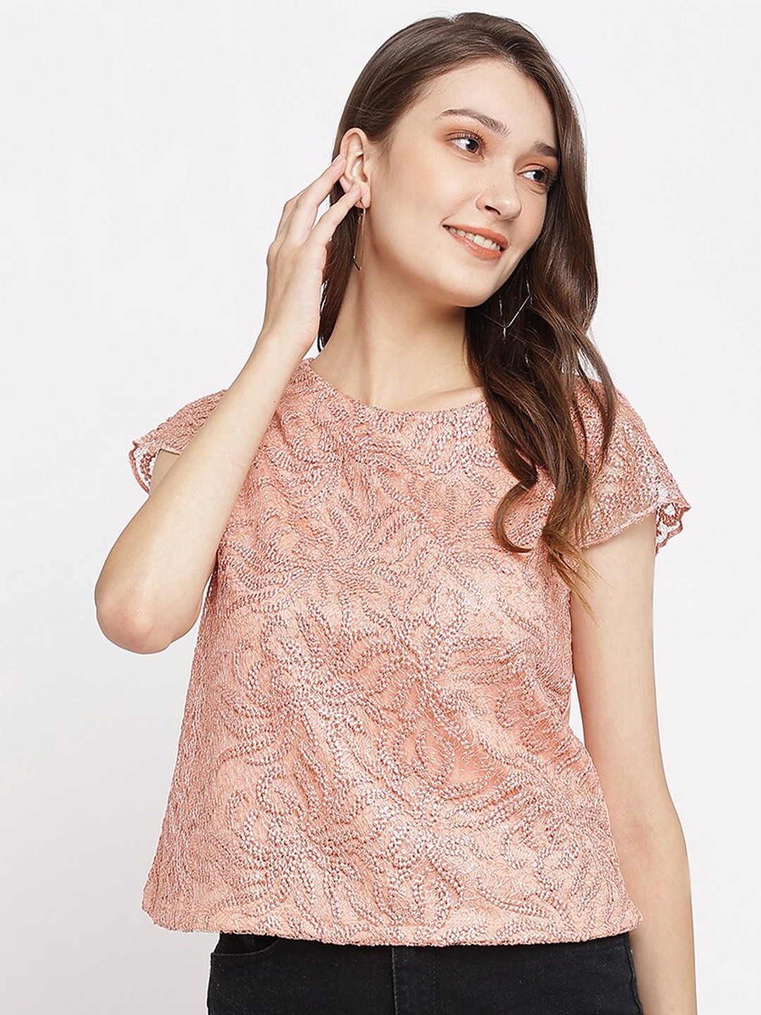 

Latin Quarters Women Peach-Coloured Embellished Extended Sleeves Top