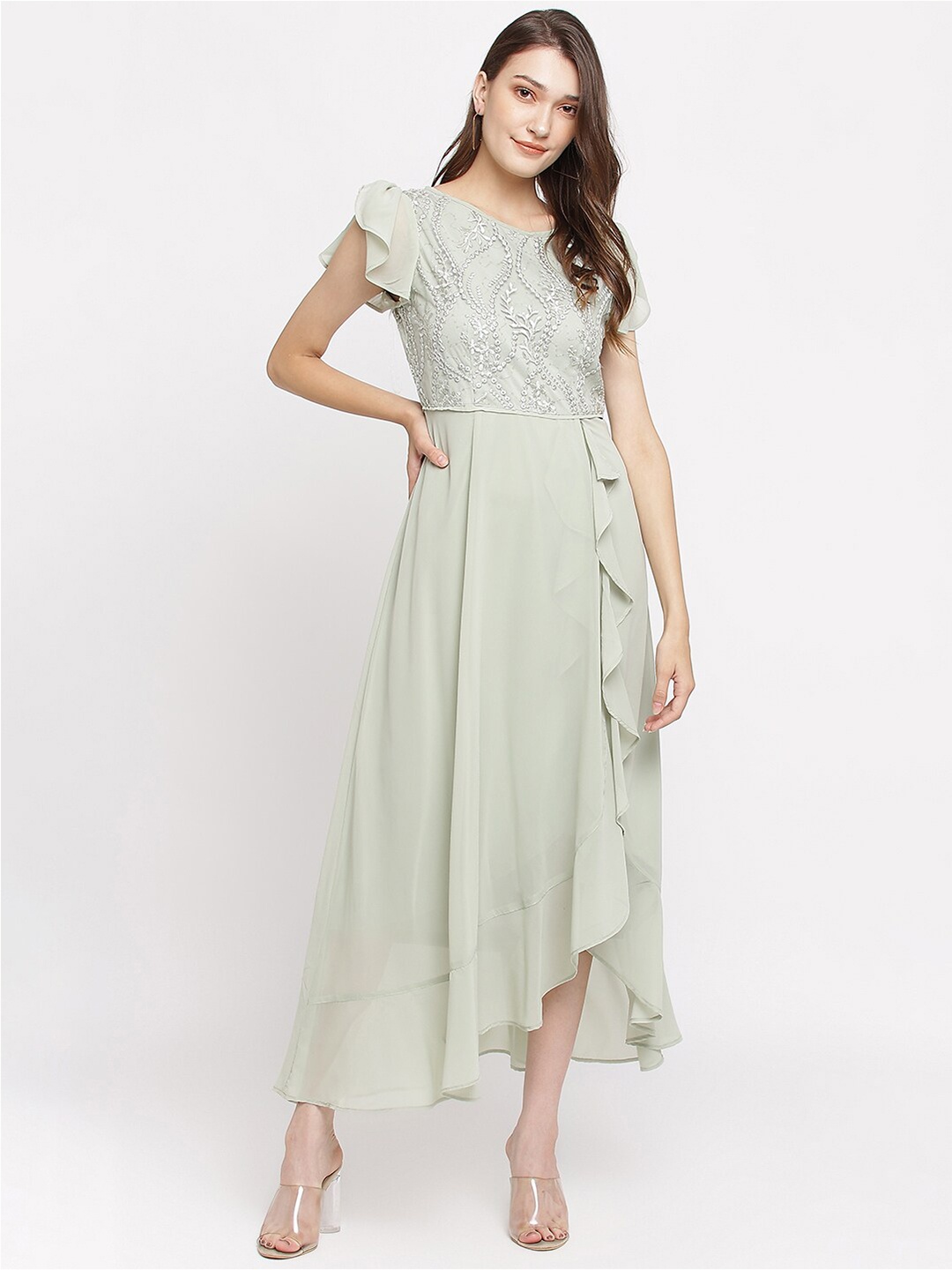 

Latin Quarters Women Green Lace Embroidered Maxi Dress