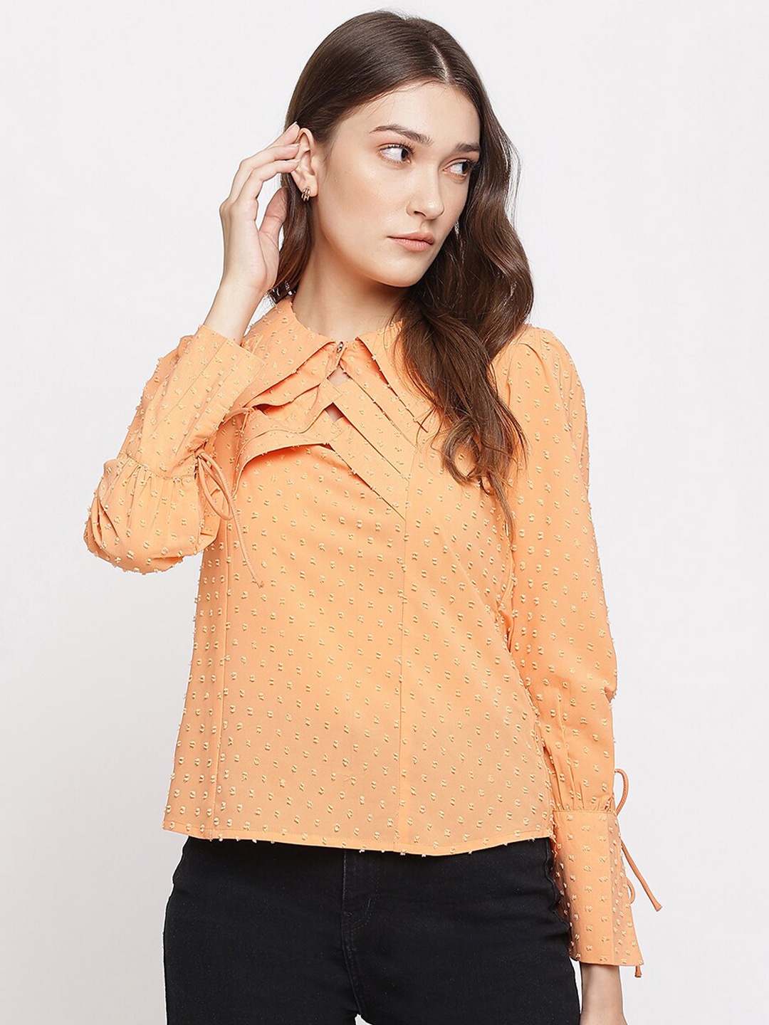 

Latin Quarters Orange Self Design Shirt Collar Polyester Top