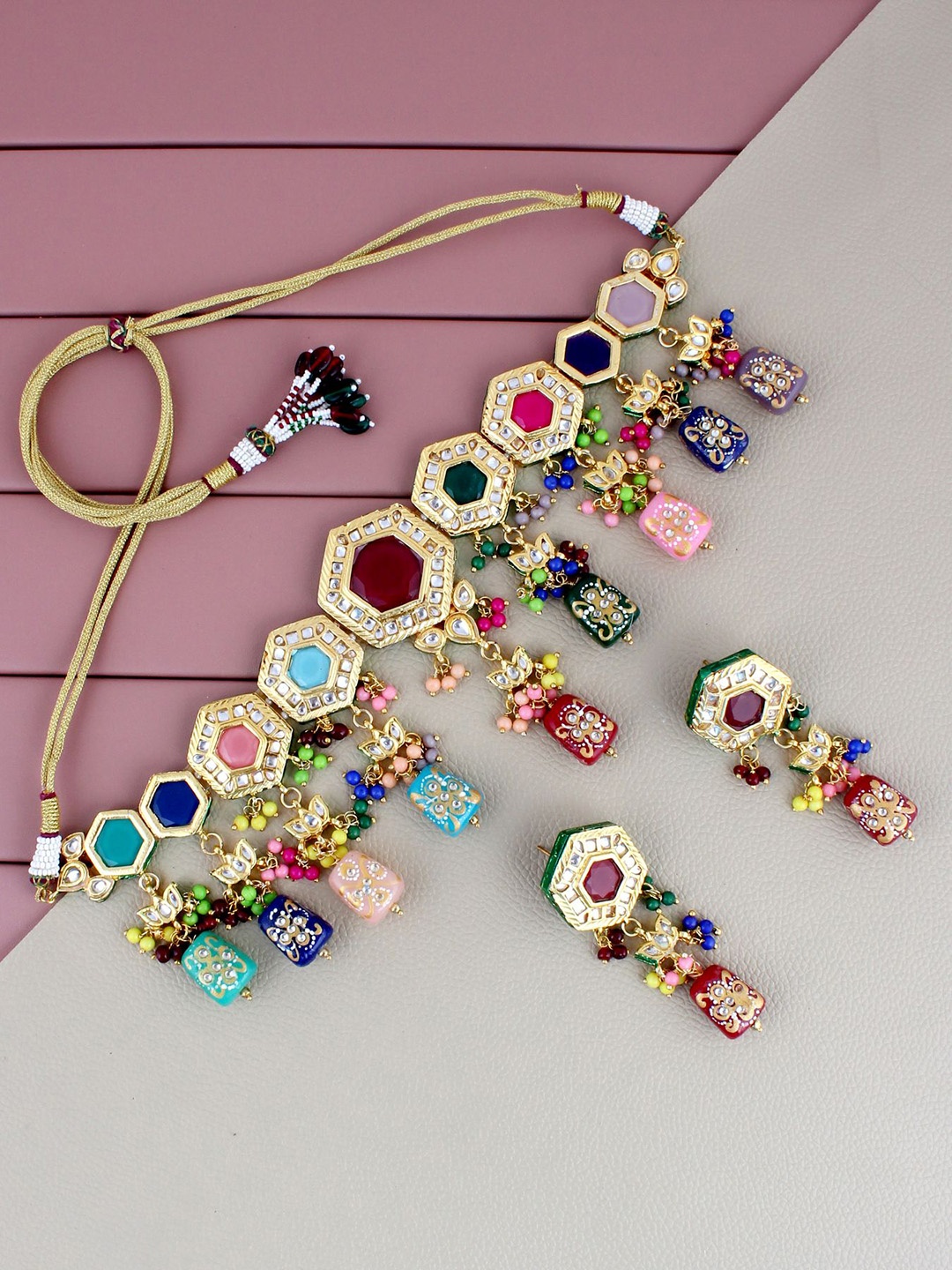 

LUCKY JEWELLERY 18K Gold-Plated Multi-Coloured Kundan Studded Jewellery Set