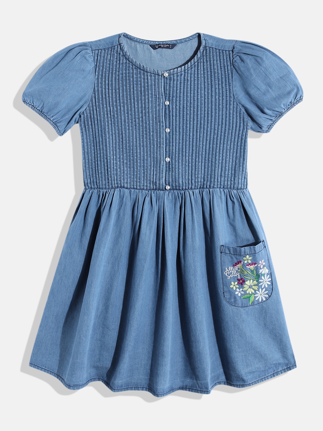 

Allen Solly Junior Girls Pure Cotton Pleated Detail Fit & Flare Dress, Blue