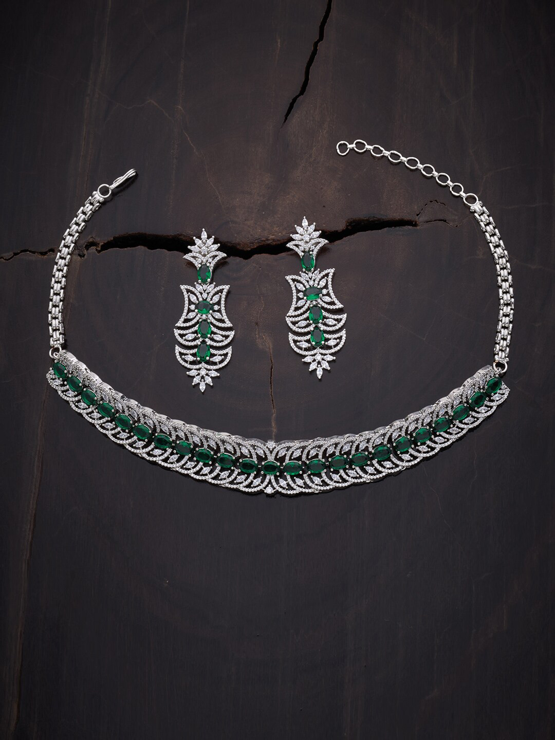 

Kushal's Fashion Jewellery Rhodium-Plated Green CZ Stone Studded Jewellery Set, Silver