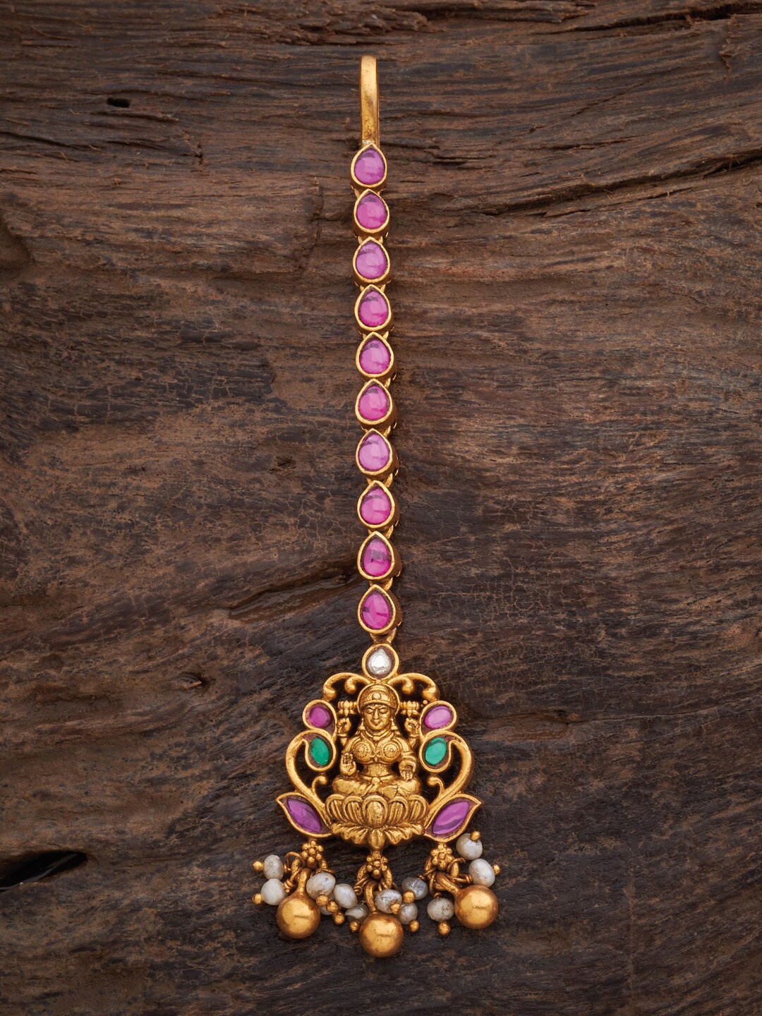 

Kushal's Fashion Jewellery Pink & Green Ruby-Studded Gold-Toned & 92.5 Pure Silver Maang Tikka