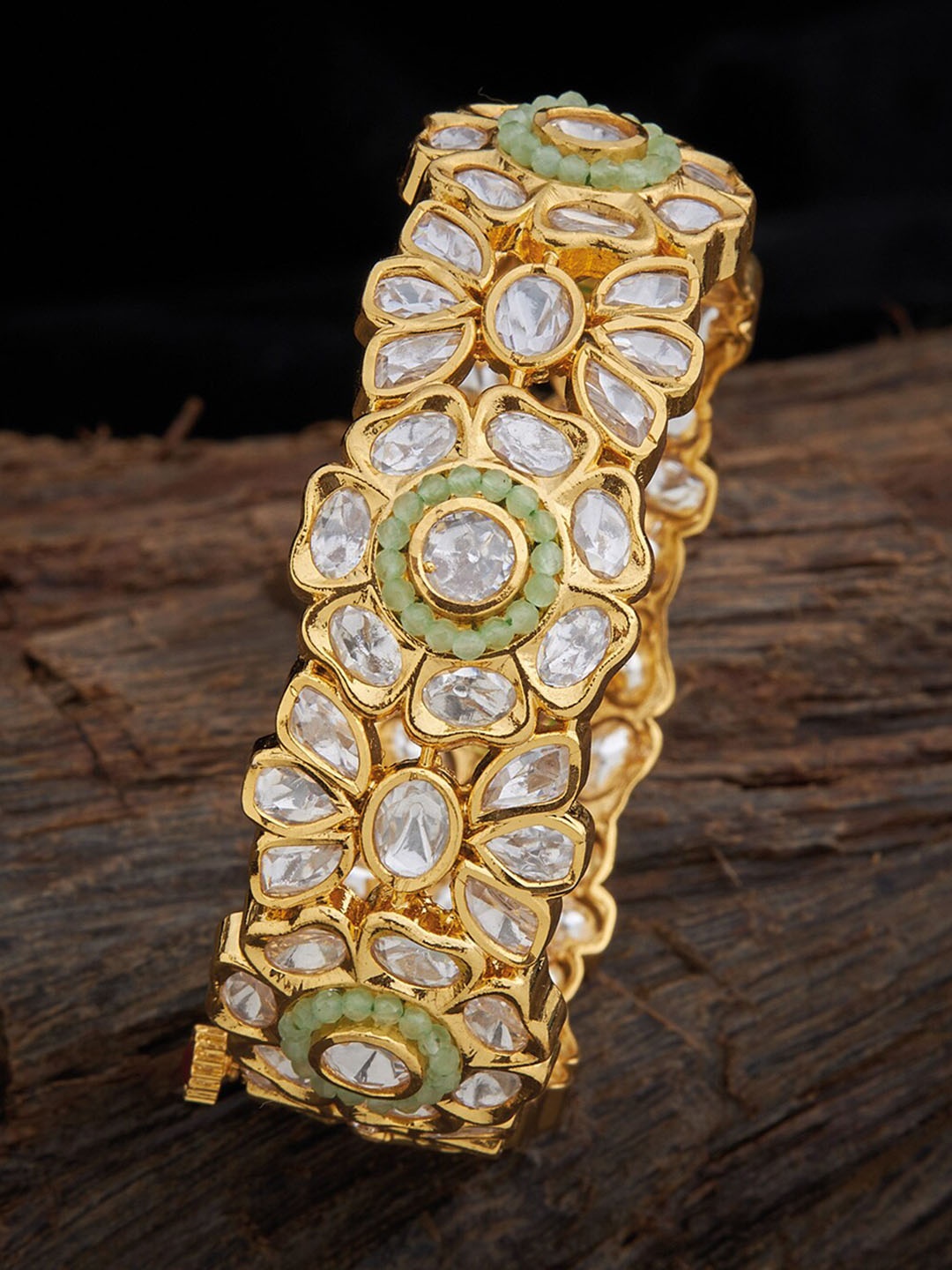 

Kushal's Fashion Jewellery Women Gold-Plated Sea Green & White Stones-Studded Bridal Bangle