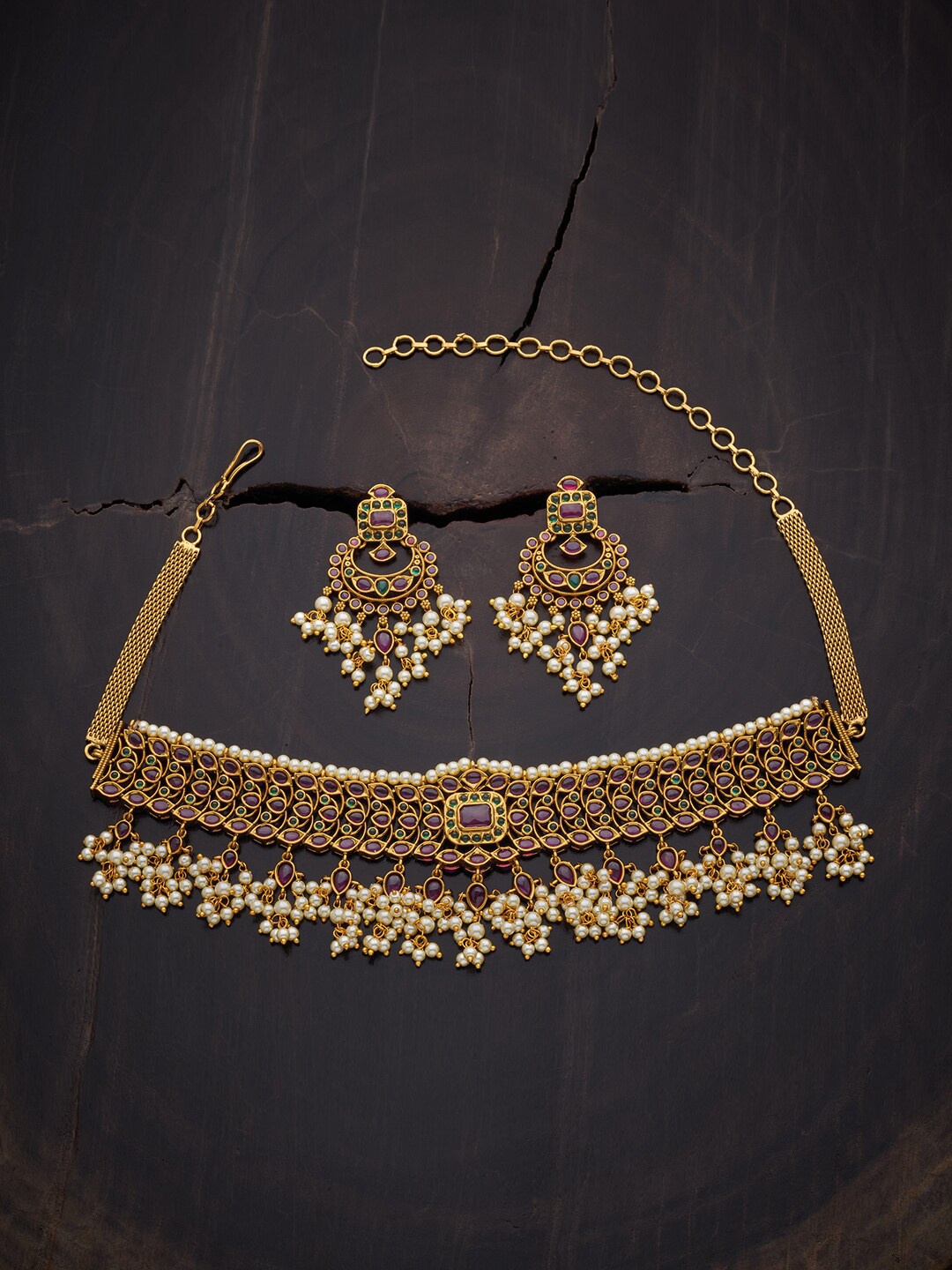 

Kushal's Fashion Jewellery Women Gold-Plated Ruby & Green Antique Jewellery Set, Red