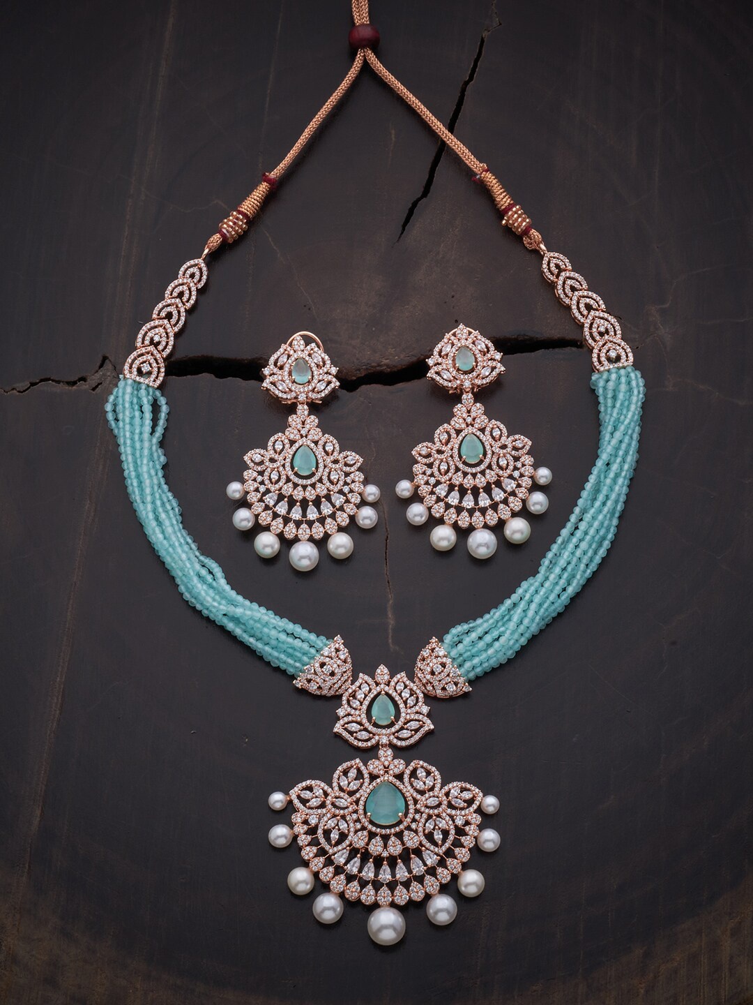 

Kushal's Fashion Jewellery Rose Gold-Plated Sea Green CZ-Studded & Beaded Jewellery Set