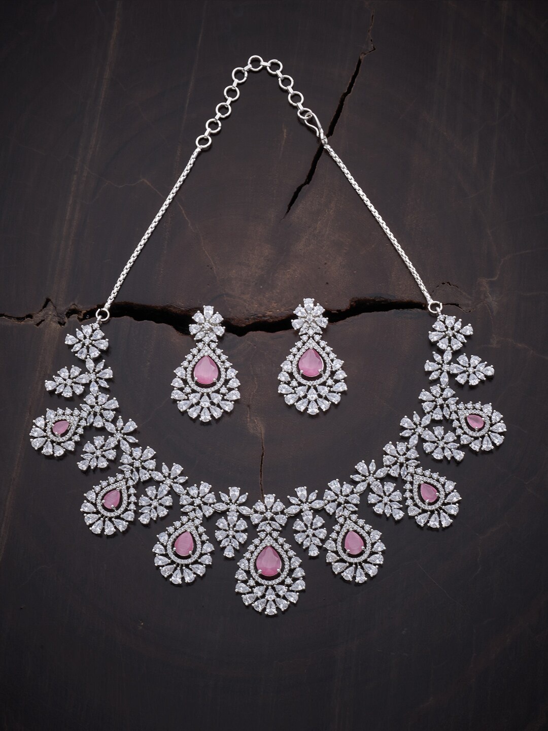 

Kushal's Fashion Jewellery Rhodium-Plated & Pink CZ Studded Jewellery Set