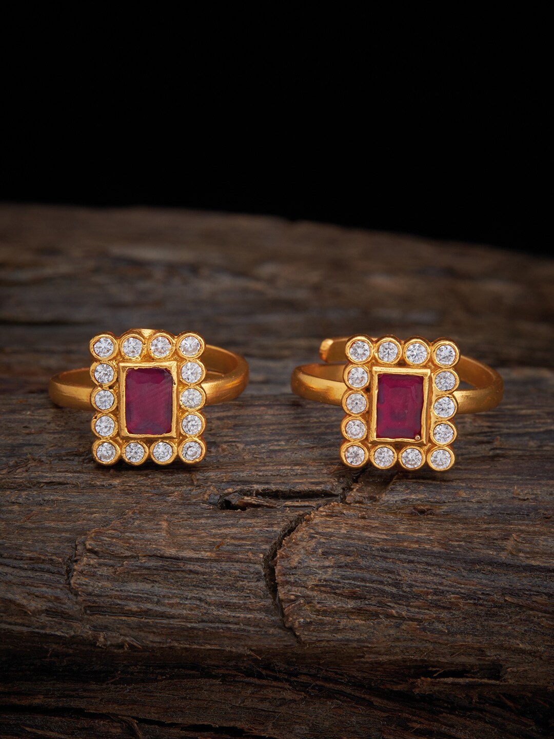 

Kushal's Fashion Jewellery Set Of 2 Gold-Plated Ruby Stone-Studded Toe Rings, Red