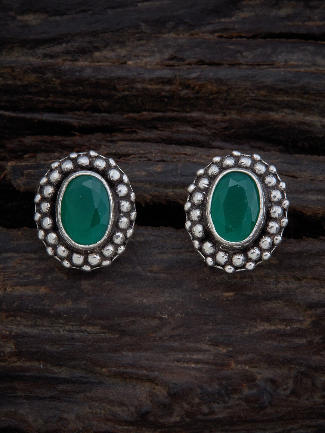 

Kushal's Fashion Jewellery Green & Silver Plated Oval Studs Earrings