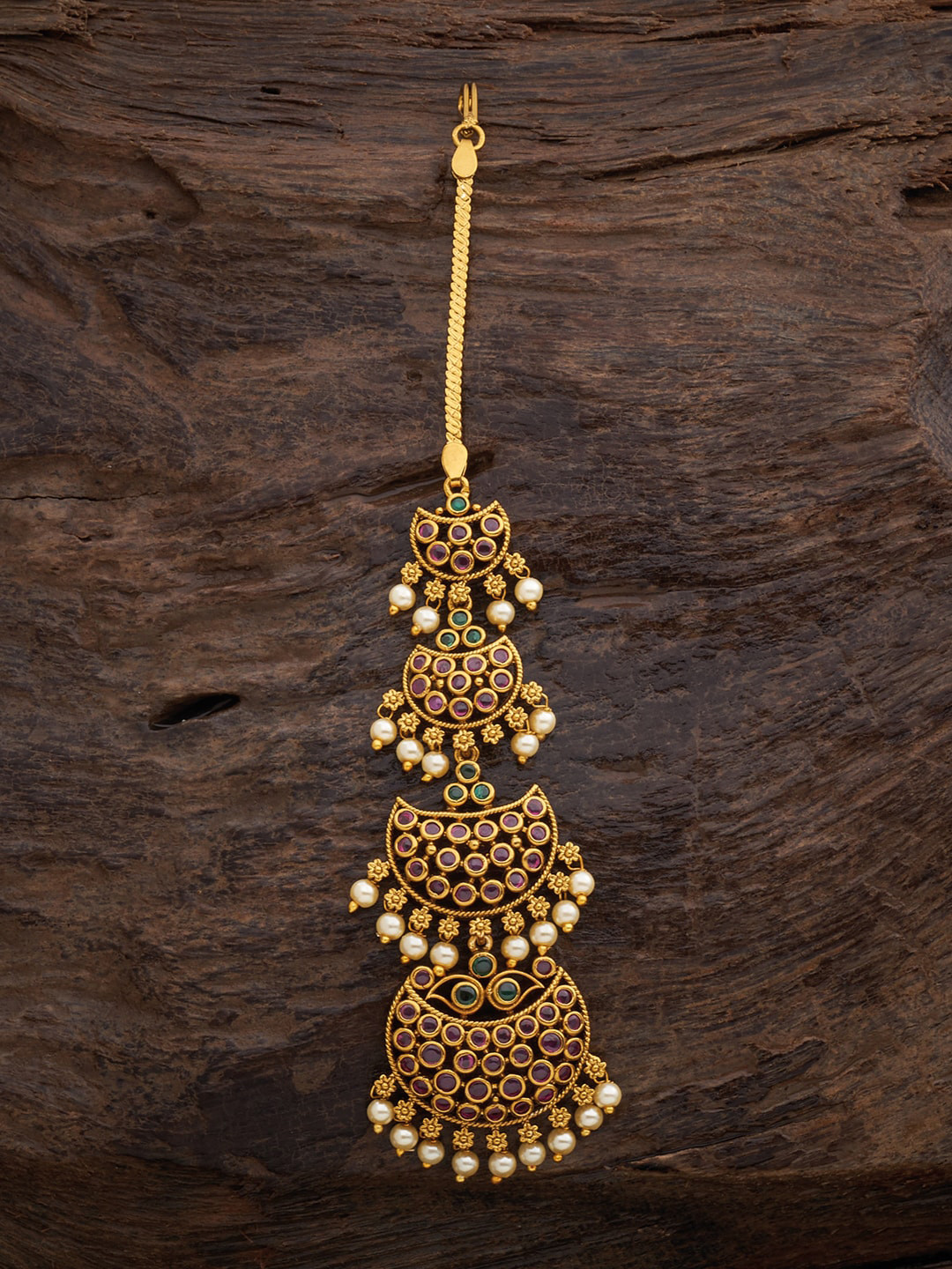 

Kushal's Fashion Jewellery Women Antique Ruby & Green Stone Studded & Beaded Maang Tikka, Red