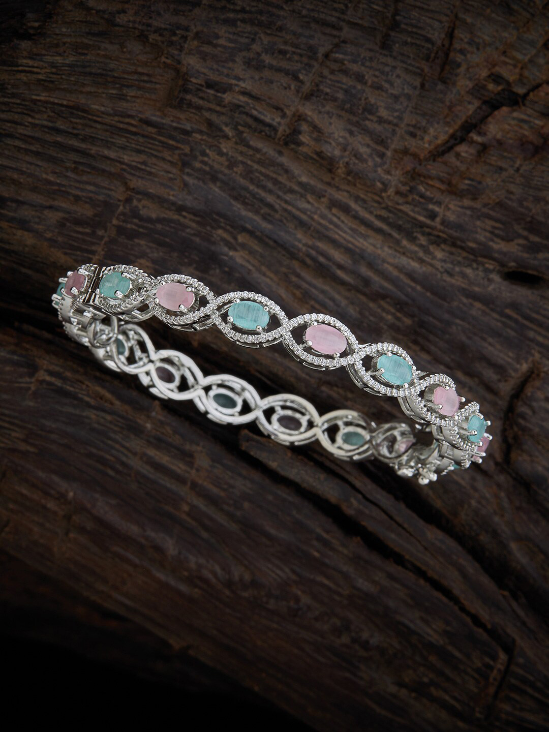

Kushal's Fashion Jewellery Rhodium-Plated Pink & Green CZ-Studded Bangle