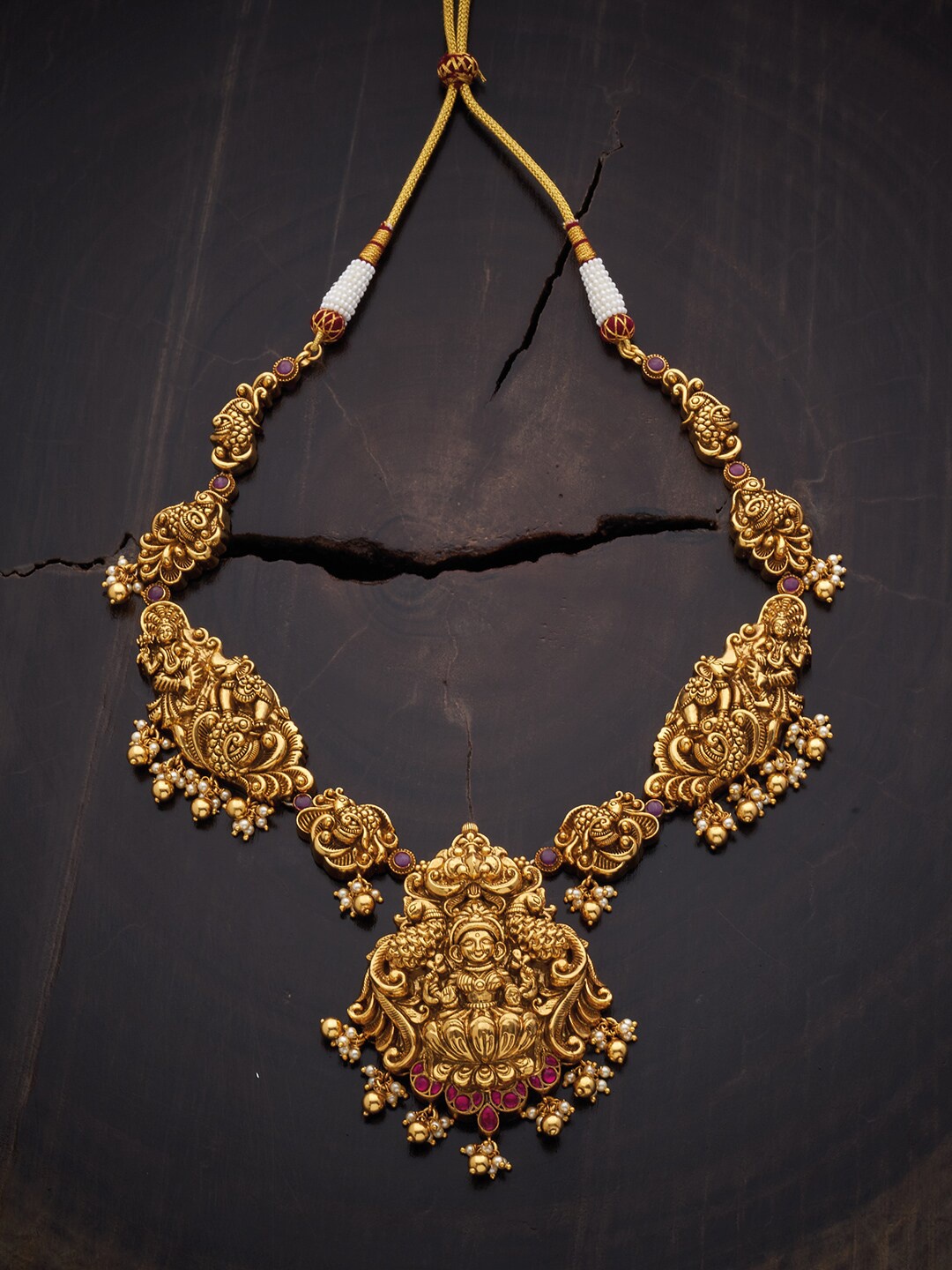 

Kushal's Fashion Jewellery Green Silver Gold-Plated Temple Necklace