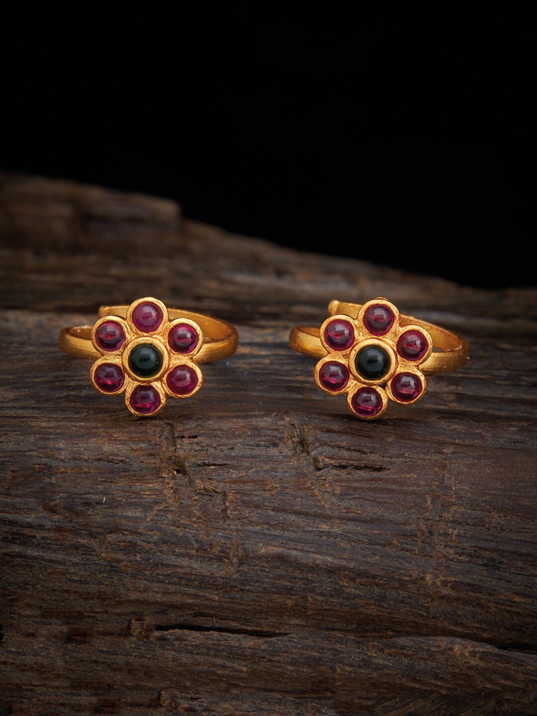 

Kushal's Fashion Jewellery Set Of 2 Gold-Toned Pink & Green Stone-Studded Adjustable Finger Ring