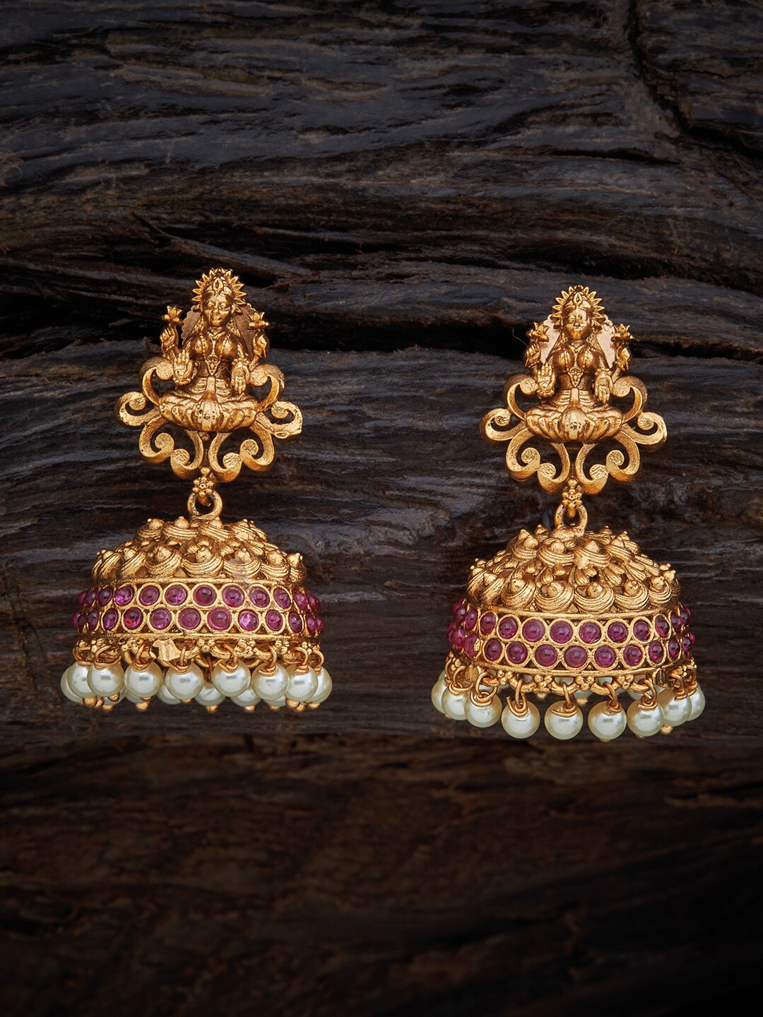 

Kushal's Fashion Jewellery Gold-Toned & Red Contemporary Jhumkas Earrings