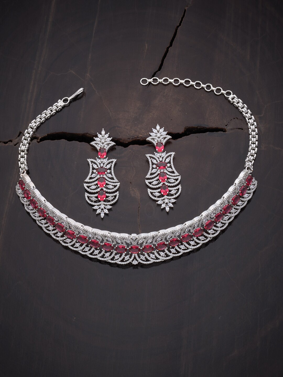 

Kushal's Fashion Jewellery Rhodium-Plated White & Pink CZ-Studded Choker Jewellery Set, Silver