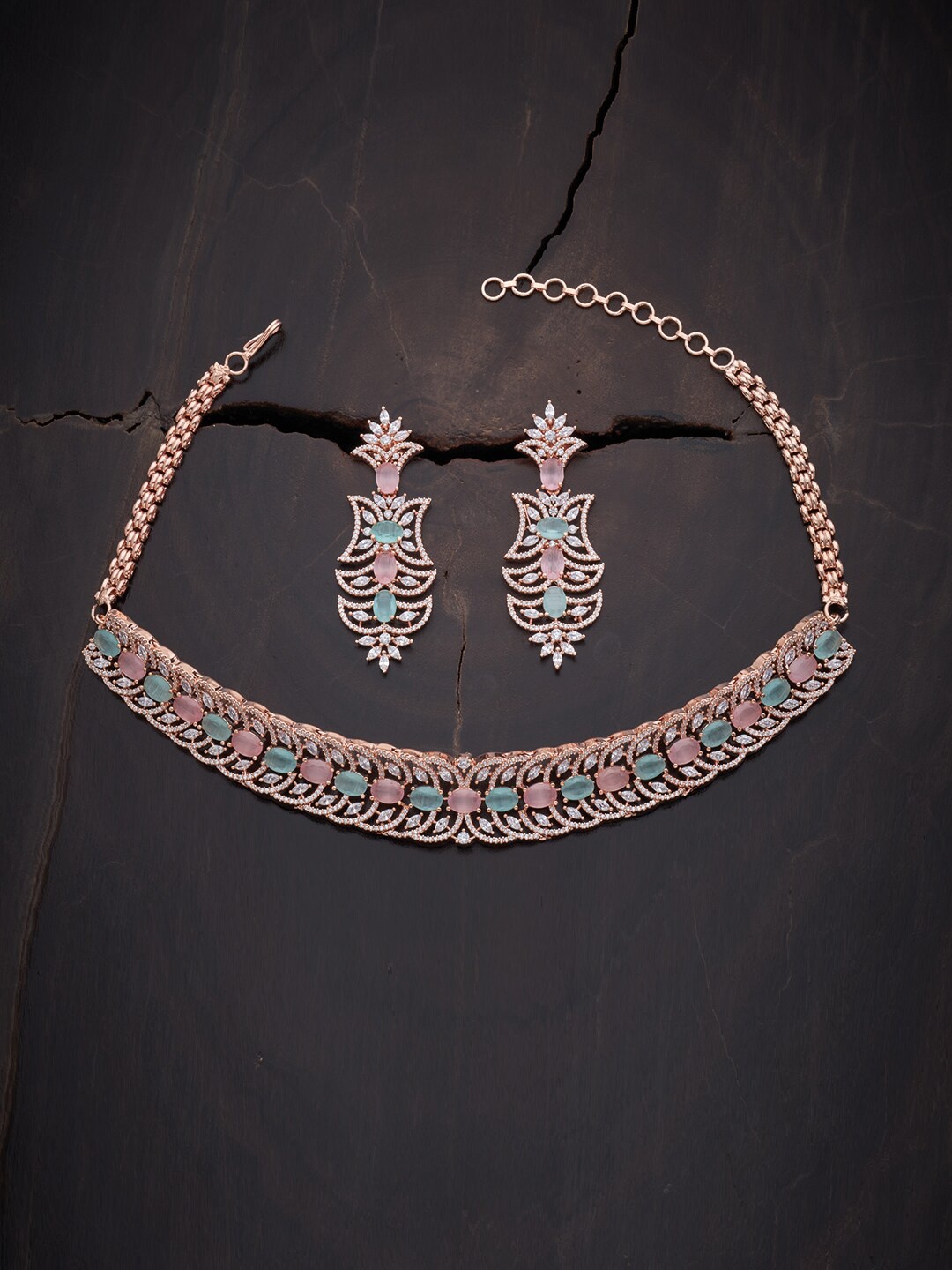 

Kushal's Fashion Jewellery Rose Gold-Plated Pink CZ Studded Choker Jewellery Set