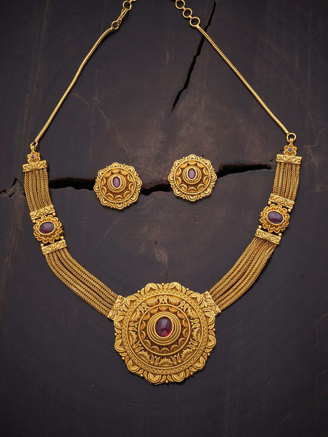 

Kushal's Fashion Jewellery Gold-Plated & Red Stone Studded & Beaded Jewellery Set