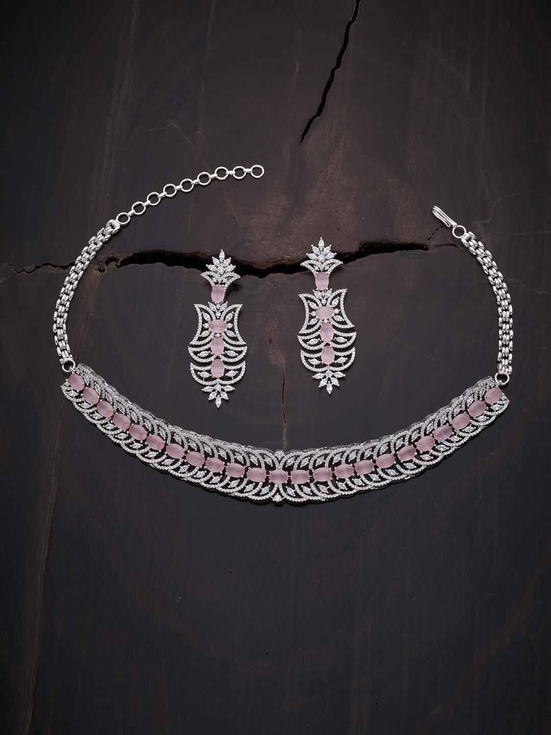 

Kushal's Fashion Jewellery Rhodium-Plated & Silver-Toned CZ Studded Choker Jewellery Set
