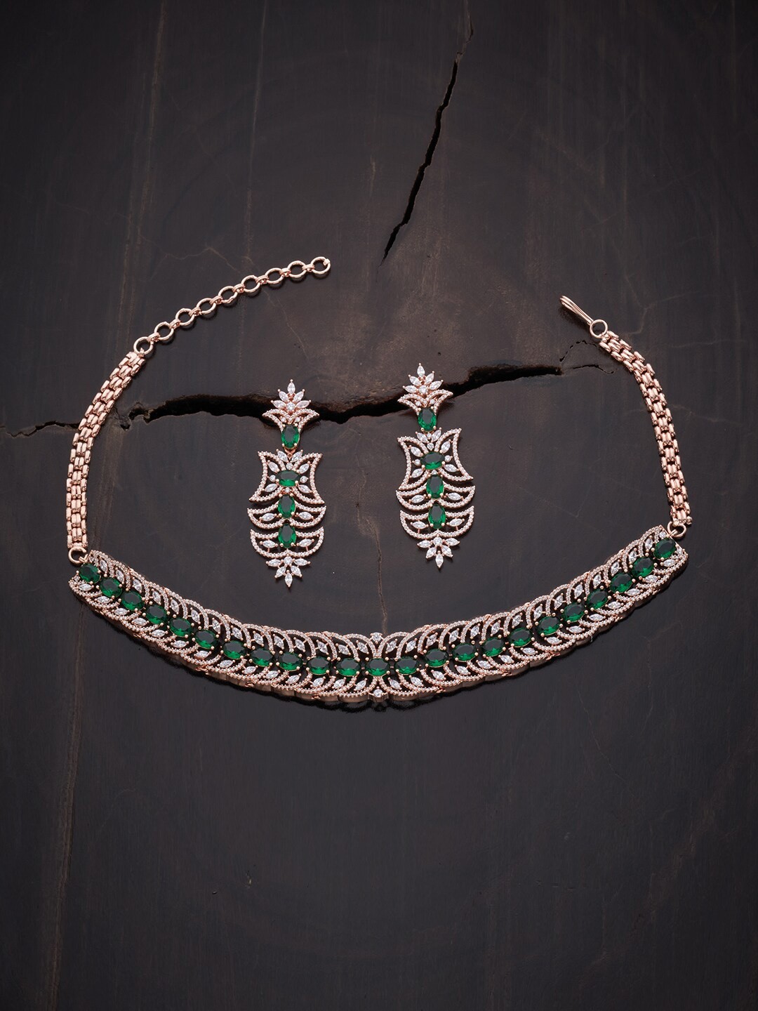 

Kushal's Fashion Rose-Gold Plated Cubic Zirconia Green Choker Jewellery Set