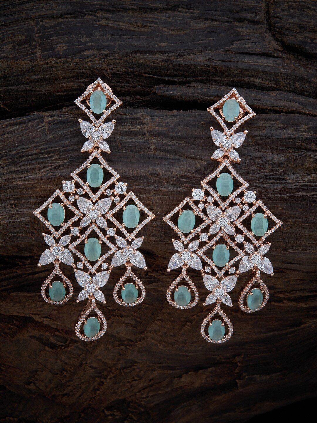 

Kushal's Fashion Jewellery Sea Green Rose-Gold Plated Cubic Zirconia Drop Earrings
