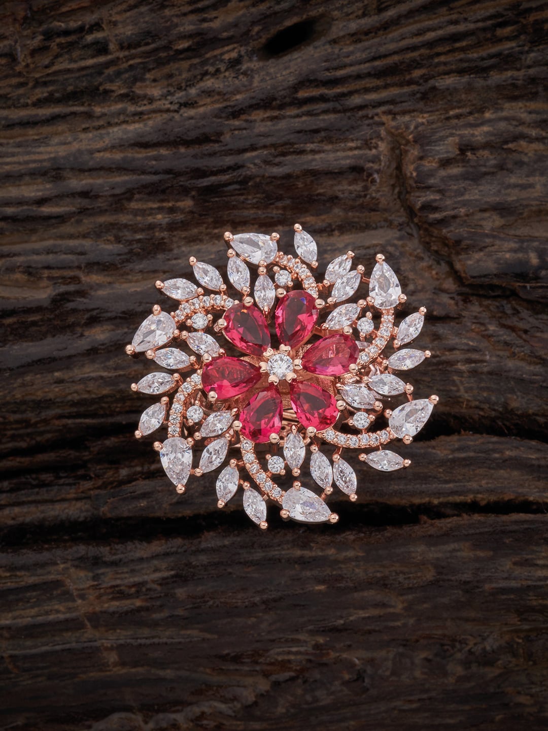 

Kushal's Fashion Rose Plated CZ Stoned Adjustable Finger Ring, Red