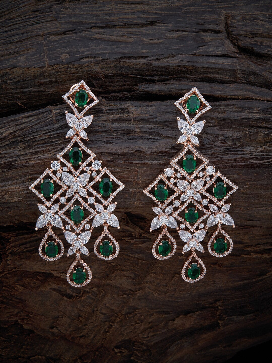 

Kushal's Fashion Jewellery Women Rose Gold-Plated Green Cubic Zirconia Drop Earrings