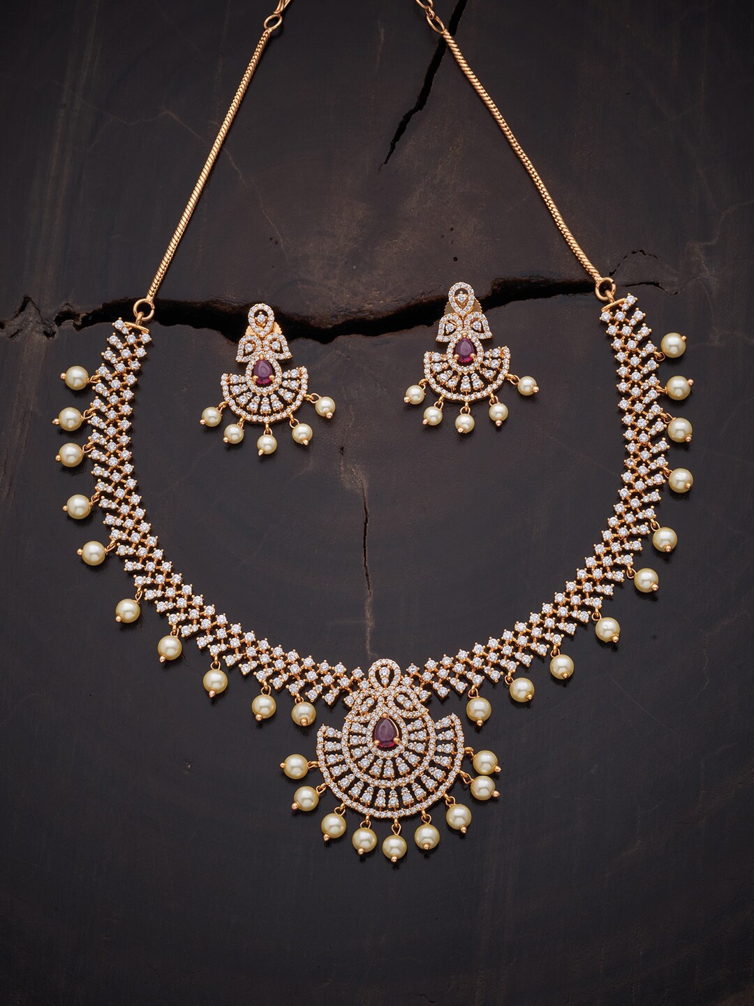 

Kushal's Fashion Jewellery Gold-Plated Pink & White CZ-Studded Jewellery Set
