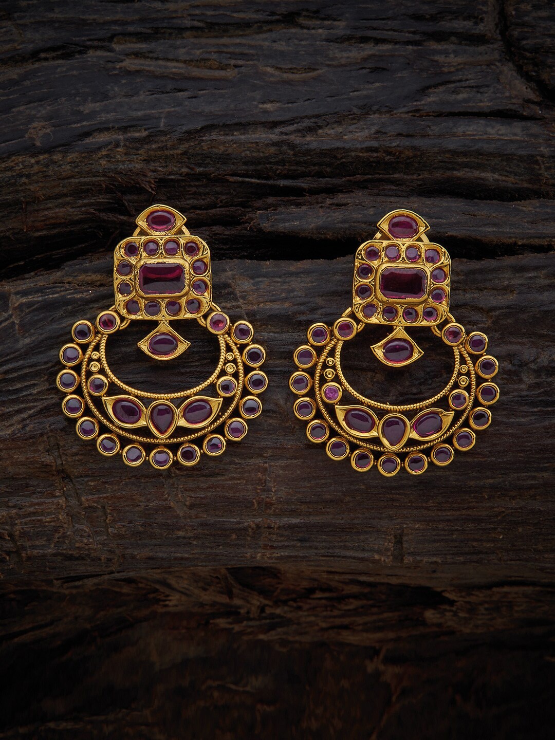 

Kushal's Fashion Jewellery Gold Toned Ruby Antique Stones Embellished Chandbalis Earrings